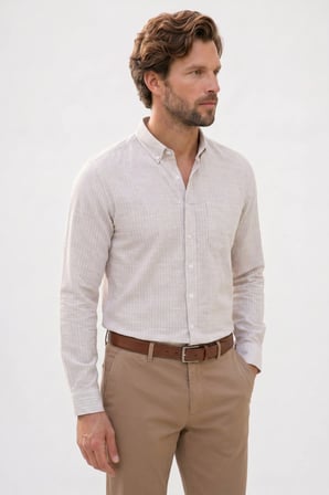 Erkek Slim Fit Dar Kesim %100 Pamuk Düğmeli Yaka Çizgili Uzun Kollu Cepli Keten Efektli Bej Gömlek