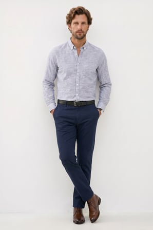 Erkek Slim Fit Dar Kesim %100 Pamuk Düğmeli Yaka Çizgili Uzun Kollu Cepli Keten Lacivert Gömlek
