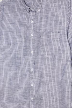 Erkek Slim Fit Dar Kesim %100 Pamuk Düğmeli Yaka Çizgili Uzun Kollu Cepli Keten Lacivert Gömlek