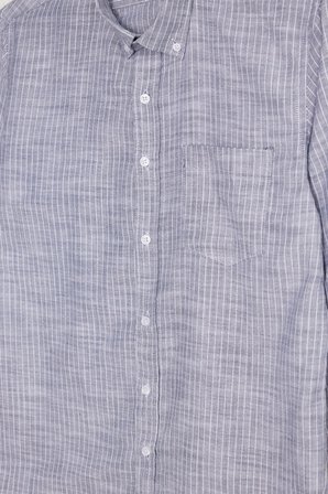 Erkek Slim Fit Dar Kesim %100 Pamuk Düğmeli Yaka Çizgili Uzun Kollu Cepli Keten Lacivert Gömlek