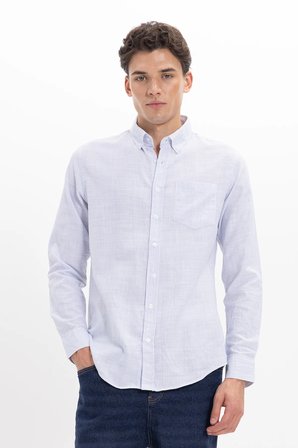 Erkek Slim Fit Dar Kesim %100 Pamuk Düğmeli Yaka Çizgili Uzun Kollu Cepli Keten Efektli Mavi Gömlek