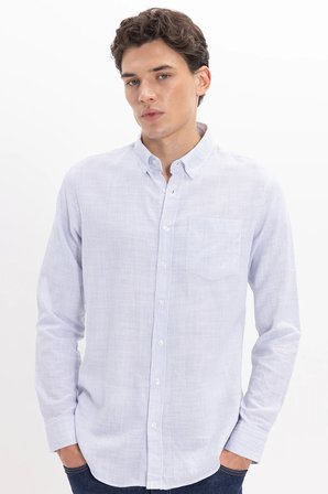 Erkek Slim Fit Dar Kesim %100 Pamuk Düğmeli Yaka Çizgili Uzun Kollu Cepli Keten Efektli Mavi Gömlek