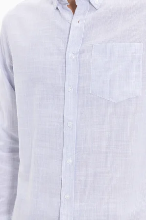 Erkek Slim Fit Dar Kesim %100 Pamuk Düğmeli Yaka Çizgili Uzun Kollu Cepli Keten Efektli Mavi Gömlek
