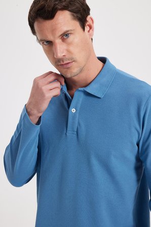 Erkek Standart Fit Rahat Kesim Pamuklu Yumuşak Dokulu Düz Pike Uzun Kollu İndigo Polo Yaka Tişört