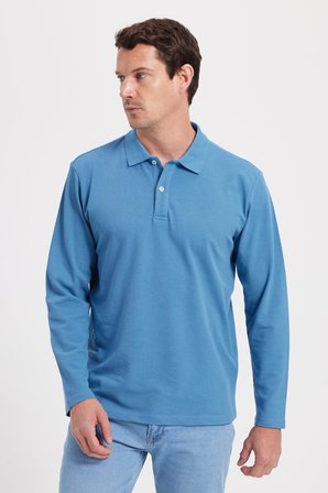 Erkek Standart Fit Rahat Kesim Pamuklu Yumuşak Dokulu Düz Pike Uzun Kollu İndigo Polo Yaka Tişört