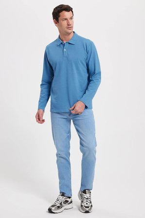 Erkek Standart Fit Rahat Kesim Pamuklu Yumuşak Dokulu Düz Pike Uzun Kollu İndigo Polo Yaka Tişört