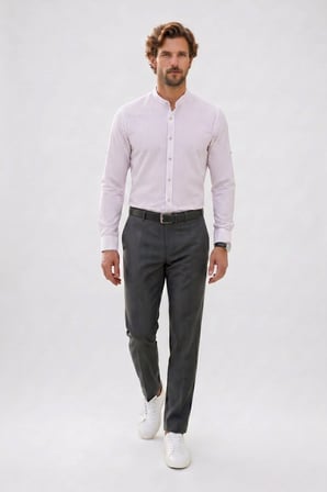 Erkek Slim Fit Dar Kesim Uzun Kollu %100 Pamuk Keten Doku Çizgili Hakim Yaka Gömlek