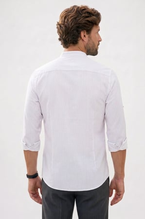 Erkek Slim Fit Dar Kesim Uzun Kollu %100 Pamuk Keten Doku Çizgili Hakim Yaka Gömlek