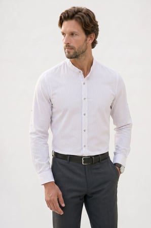 Erkek Slim Fit Dar Kesim Uzun Kollu %100 Pamuk Keten Doku Çizgili Hakim Yaka Gömlek