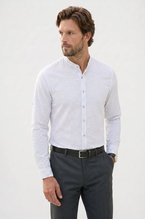 Erkek Slim Fit Dar Kesim Uzun Kollu %100 Pamuk Keten Doku Çizgili Hakim Yaka Gömlek