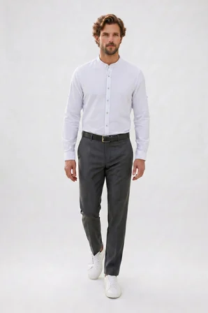 Erkek Slim Fit Dar Kesim Uzun Kollu %100 Pamuk Keten Doku Çizgili Hakim Yaka Gömlek