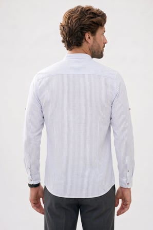 Erkek Slim Fit Dar Kesim Uzun Kollu %100 Pamuk Keten Doku Çizgili Hakim Yaka Gömlek