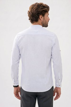 Erkek Slim Fit Dar Kesim Uzun Kollu %100 Pamuk Keten Doku Çizgili Hakim Yaka Gömlek