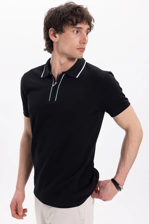Erkek Slim Fit Dar Kesim %100 Pamuk Kısa Kollu Yarım Fermuarlı Siyah Polo Yaka Tişört