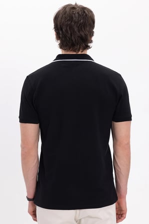 Erkek Slim Fit Dar Kesim %100 Pamuk Kısa Kollu Yarım Fermuarlı Siyah Polo Yaka Tişört