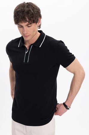 Erkek Slim Fit Dar Kesim %100 Pamuk Kısa Kollu Yarım Fermuarlı Siyah Polo Yaka Tişört