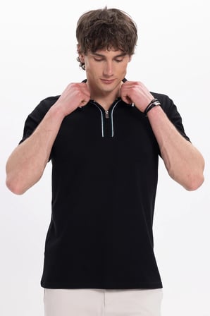 Erkek Slim Fit Dar Kesim %100 Pamuk Kısa Kollu Yarım Fermuarlı Siyah Polo Yaka Tişört