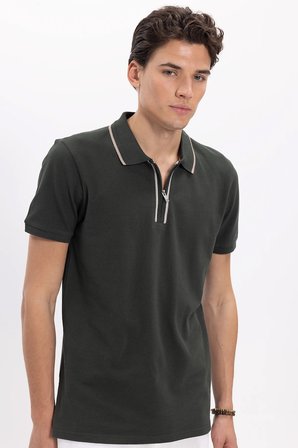 Erkek Slim Fit Dar Kesim %100 Pamuk Kısa Kollu Yarım Fermuarlı Yeşil Polo Yaka Tişört