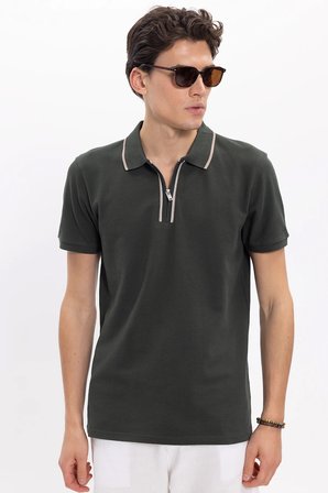 Erkek Slim Fit Dar Kesim %100 Pamuk Kısa Kollu Yarım Fermuarlı Yeşil Polo Yaka Tişört