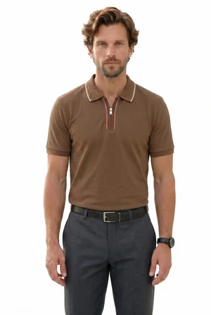 Erkek Slim Fit Dar Kesim %100 Pamuk Kısa Kollu Yarım Fermuarlı Vizon Polo Yaka Tişört