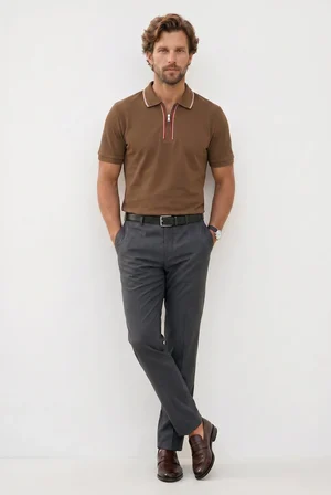 Erkek Slim Fit Dar Kesim %100 Pamuk Kısa Kollu Yarım Fermuarlı Vizon Polo Yaka Tişört