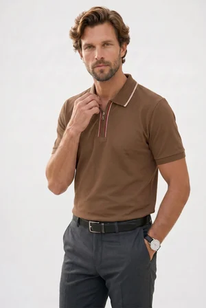 Erkek Slim Fit Dar Kesim %100 Pamuk Kısa Kollu Yarım Fermuarlı Vizon Polo Yaka Tişört