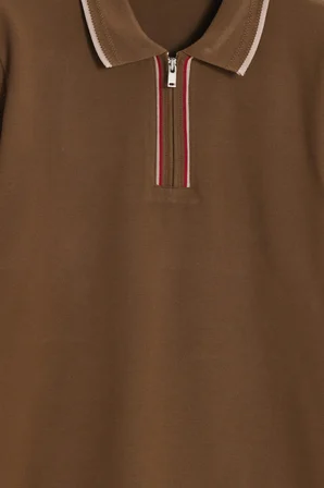 Erkek Slim Fit Dar Kesim %100 Pamuk Kısa Kollu Yarım Fermuarlı Vizon Polo Yaka Tişört