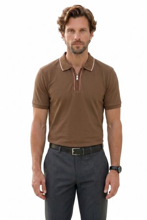 Erkek Slim Fit Dar Kesim %100 Pamuk Kısa Kollu Yarım Fermuarlı Vizon Polo Yaka Tişört