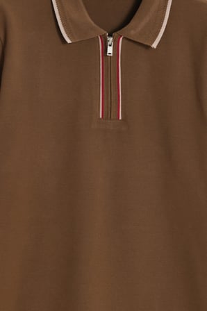 Erkek Slim Fit Dar Kesim %100 Pamuk Kısa Kollu Yarım Fermuarlı Vizon Polo Yaka Tişört