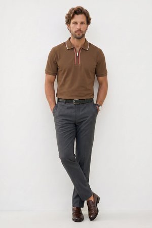 Erkek Slim Fit Dar Kesim %100 Pamuk Kısa Kollu Yarım Fermuarlı Vizon Polo Yaka Tişört