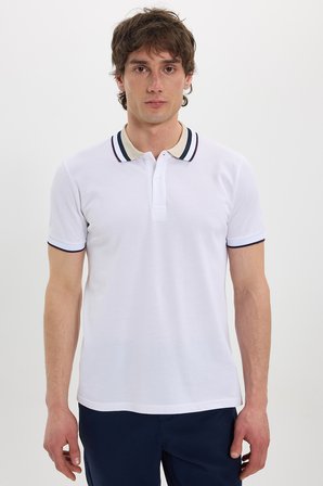 Erkek Slim Fit Dar Kesim %100 Pamuk Beyaz Polo Yaka Tişört