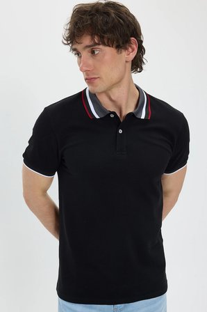 Erkek Slim Fit Dar Kesim %100 Pamuk Siyah Polo Yaka Tişört