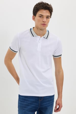 Erkek Slim Fit Dar Kesim %100 Pamuk Düz Pike Yaka ve Kol Detaylı Beyaz Polo Yaka Tişört