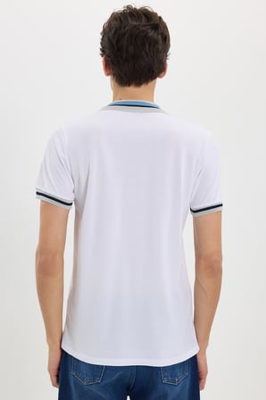 Erkek Slim Fit Dar Kesim %100 Pamuk Düz Pike Yaka ve Kol Detaylı Beyaz Polo Yaka Tişört