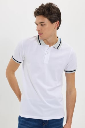 Erkek Slim Fit Dar Kesim %100 Pamuk Düz Pike Yaka ve Kol Detaylı Beyaz Polo Yaka Tişört