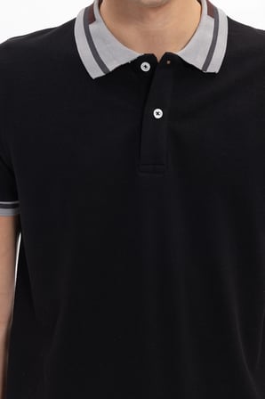 Erkek Slim Fit Dar Kesim %100 Pamuk Düz Pike Yaka ve Kol Detaylı Siyah Polo Yaka Tişört
