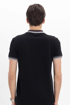 Erkek Slim Fit Dar Kesim %100 Pamuk Düz Pike Yaka ve Kol Detaylı Siyah Polo Yaka Tişört