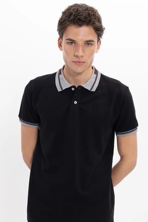 Erkek Slim Fit Dar Kesim %100 Pamuk Düz Pike Yaka ve Kol Detaylı Siyah Polo Yaka Tişört