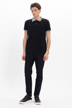 Erkek Slim Fit Dar Kesim %100 Pamuk Düz Pike Yaka ve Kol Detaylı Siyah Polo Yaka Tişört