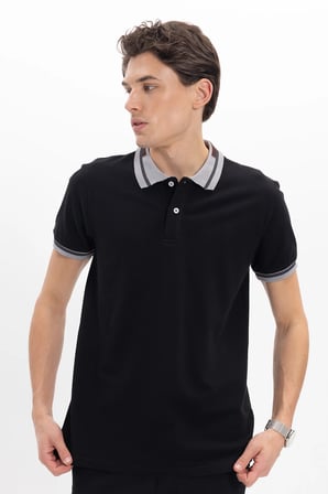 Erkek Slim Fit Dar Kesim %100 Pamuk Düz Pike Yaka ve Kol Detaylı Siyah Polo Yaka Tişört