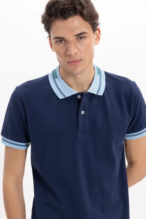 Erkek Slim Fit Dar Kesim %100 Pamuk Düz Pike Yaka ve Kol Detaylı Lacivert Polo Yaka Tişört