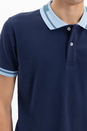 Erkek Slim Fit Dar Kesim %100 Pamuk Düz Pike Yaka ve Kol Detaylı Lacivert Polo Yaka Tişört