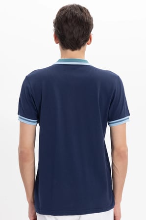 Erkek Slim Fit Dar Kesim %100 Pamuk Düz Pike Yaka ve Kol Detaylı Lacivert Polo Yaka Tişört
