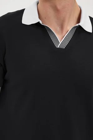 Erkek Slim Fit Dar Kesim %100 Pamuk Siyah Polo Yaka Tişört