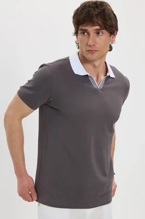 Erkek Slim Fit Dar Kesim %100 Pamuk Koyu Gri Polo Yaka Tişört