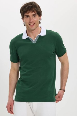 Erkek Slim Fit Dar Kesim %100 Pamuk Koyu Yeşil Polo Yaka Tişört