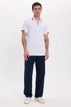 Erkek Slim Fit Dar Kesim %100 Pamuk Kısa Kollu Fermuarlı Beyaz Polo Yaka Tişört