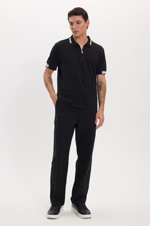 Erkek Slim Fit Dar Kesim %100 Pamuk Kısa Kollu Fermuarlı Siyah Polo Yaka Tişört