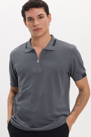 Erkek Slim Fit Dar Kesim %100 Pamuk Kısa Kollu Fermuarlı Antrasit Polo Yaka Tişört