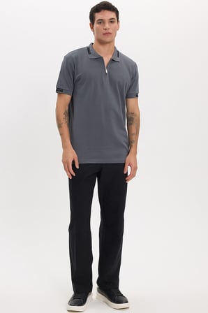 Erkek Slim Fit Dar Kesim %100 Pamuk Kısa Kollu Fermuarlı Antrasit Polo Yaka Tişört